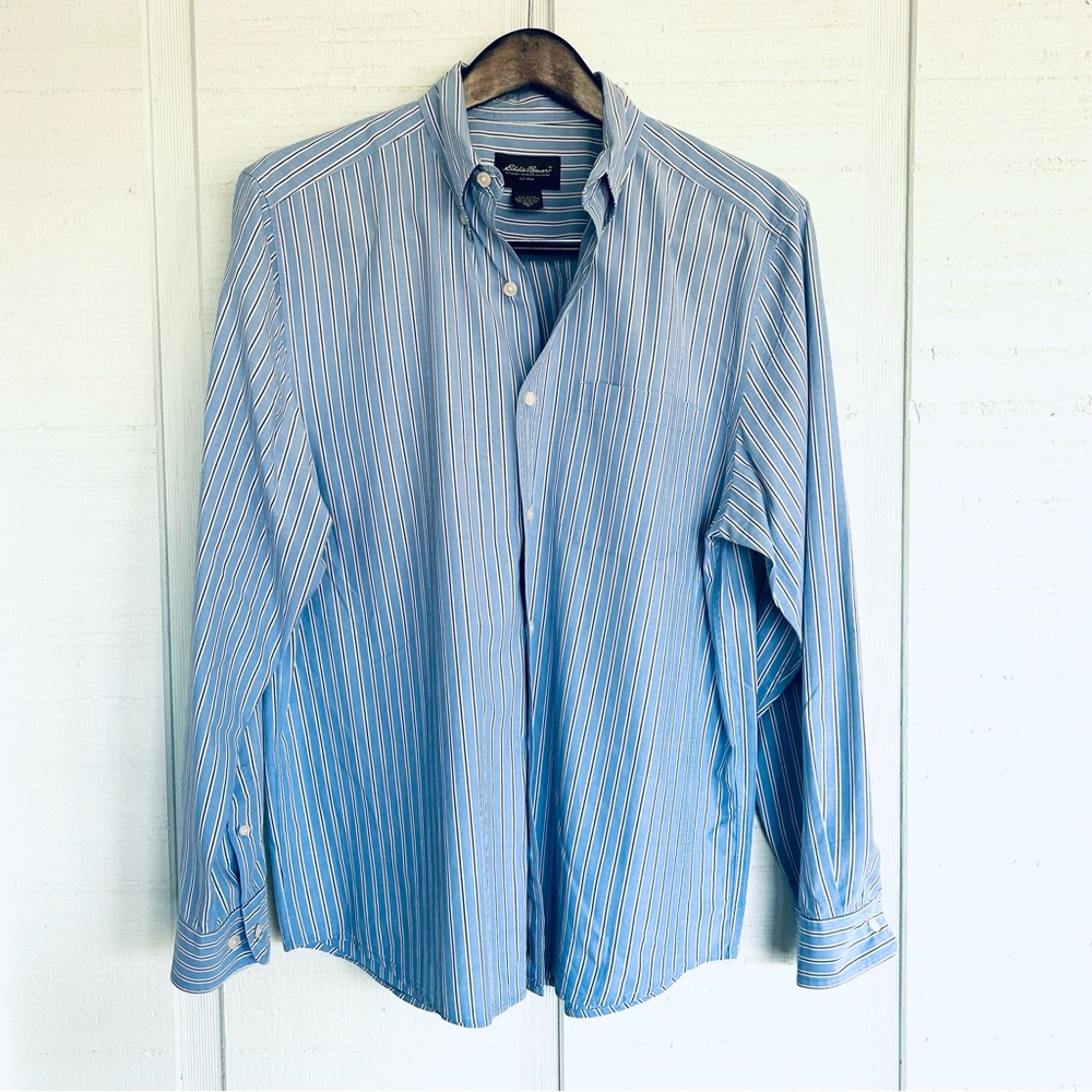 Eddie Bauer Blue White Gray Men's Striped Button-Up Shirt Size M In Cotton
